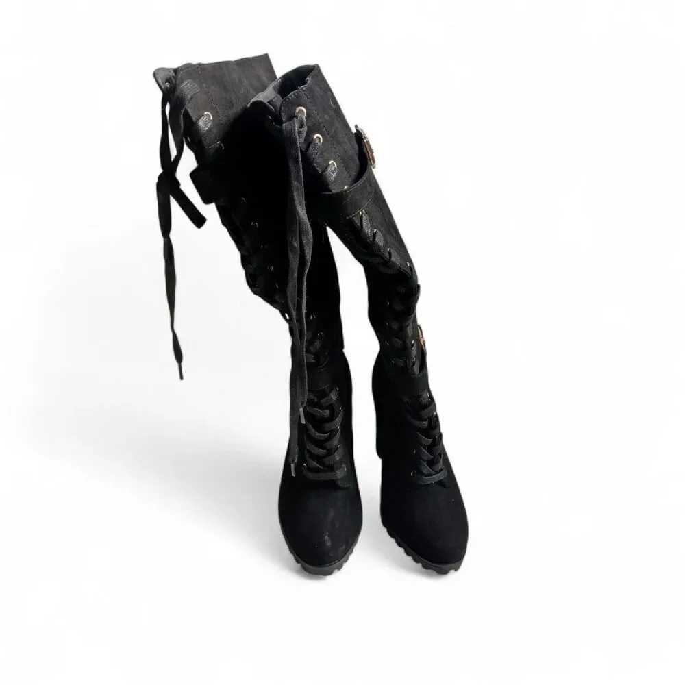 Black Knee High Lace Up Heeled Boots Buckle Detail Women’s ShoeDazzle 9